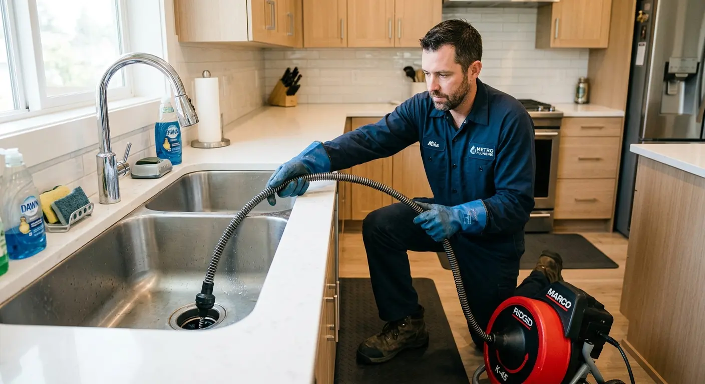 Drain cleaning technician using a motorized snake on a kitchen sink in Madisonville