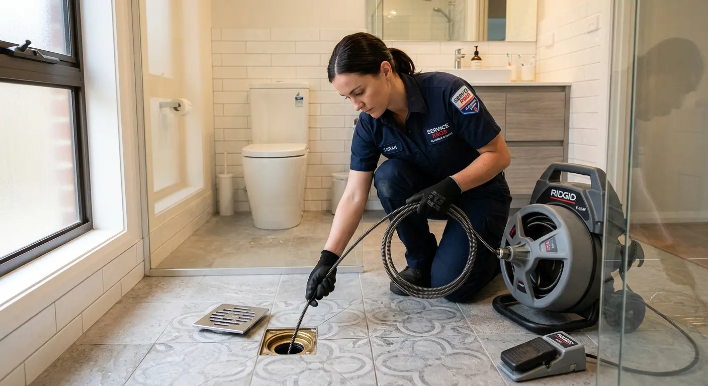 Technician clearing a bathroom floor drain for Sewer Line Installation in Madisonville